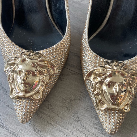 Versace Shoes - VERSACE Gold crystal Palazzo Medusa pumps